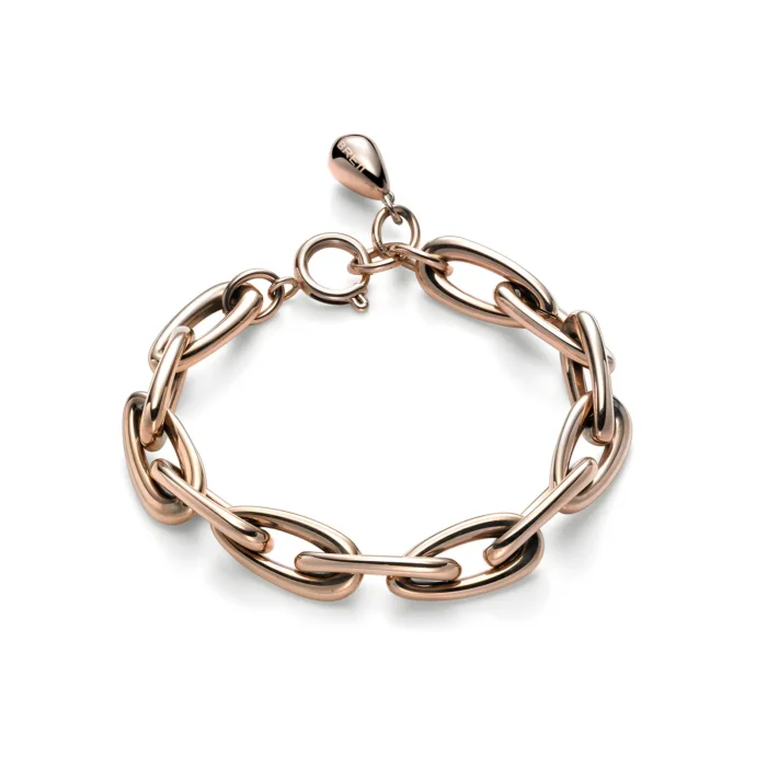 A stylish rose gold chain bracelet featuring interlinked oval and rounded links, secured with a lobster clasp.