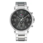 Silver stainless steel chronograph watch by Hilfiger with a black dial, white hour markers, and three sub-dials.