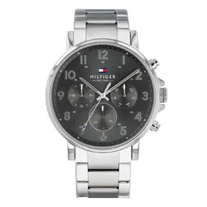 Silver stainless steel chronograph watch by Hilfiger with a black dial, white hour markers, and three sub-dials.