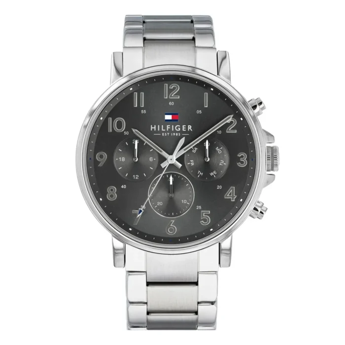 Silver stainless steel chronograph watch by Hilfiger with a black dial, white hour markers, and three sub-dials.