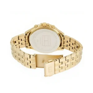 Back view of a gold-toned Tommy Hilfiger watch, showcasing its logo engraved on the case and a stylish metal band.
