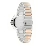 Silver and rose gold stainless steel watch with a sleek design, featuring a rounded face and a rectangular link bracelet.