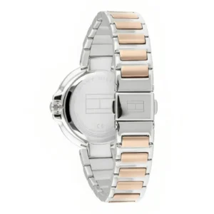 Silver and rose gold stainless steel watch with a sleek design, featuring a rounded face and a rectangular link bracelet.