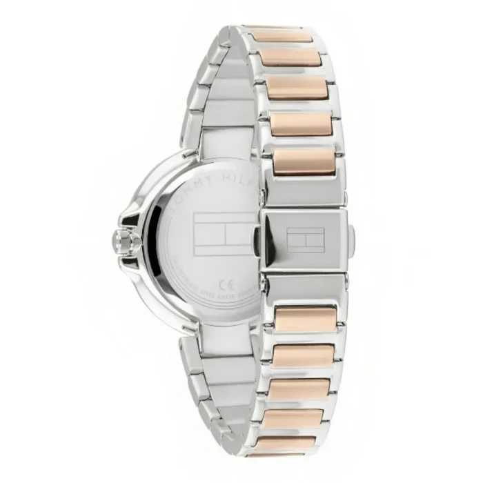 Silver and rose gold stainless steel watch with a sleek design, featuring a rounded face and a rectangular link bracelet.