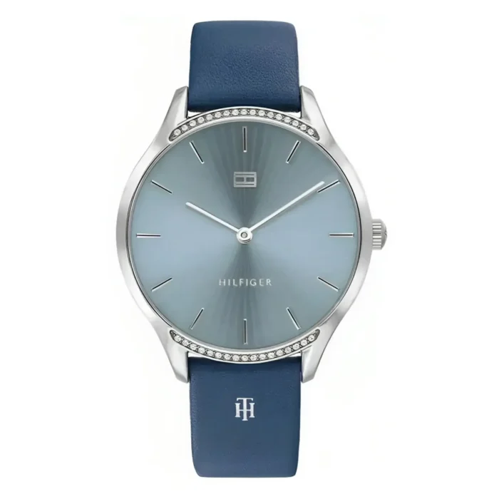 Elegant silver wristwatch with a blue gradient dial, silver hands, and a blue leather strap featuring a logo at the buckle.