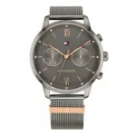A stylish men's watch with a mesh band, featuring a dark dial and elegant rose gold accents.