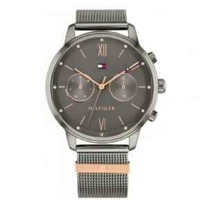 A stylish men's watch with a mesh band, featuring a dark dial and elegant rose gold accents.