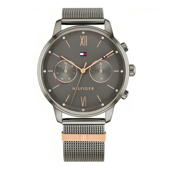 A stylish men's watch with a mesh band, featuring a dark dial and elegant rose gold accents.