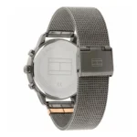 Back view of a Tommy Hilfiger men's watch with a sleek black stainless steel mesh band and a minimalist design.