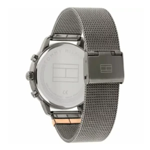 Back view of a Tommy Hilfiger men's watch with a sleek black stainless steel mesh band and a minimalist design.