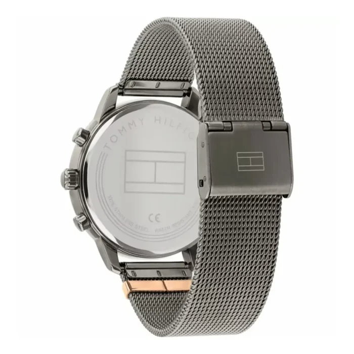 Back view of a Tommy Hilfiger men's watch with a sleek black stainless steel mesh band and a minimalist design.