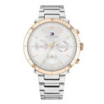 A stylish Tommy Hilfiger watch featuring a silver dial, rose gold accents, and a silver metal bracelet.