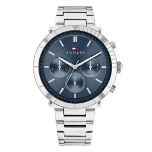 Silver stainless steel chronograph watch with a blue dial, featuring three sub-dials and the Hilfiger logo at the top.