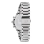 Stainless steel Tommy Hilfiger watch with a sleek, silver band and minimalist face, showcasing a modern and stylish design.