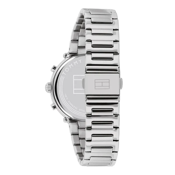 Stainless steel Tommy Hilfiger watch with a sleek, silver band and minimalist face, showcasing a modern and stylish design.