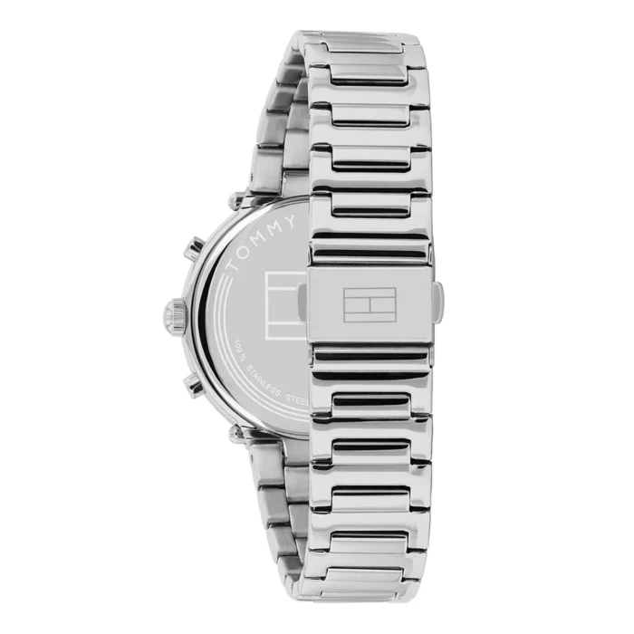 Nerūdijančio plieno Tommy Hilfiger laikrodis su elegantiška sidabrine apyranke ir minimalistiniu ciferblatu, demonstruojantis modernų ir stilingą dizainą.