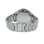 Close-up of a sleek silver stainless steel watch with a polished bracelet and visible brand markings on the back.