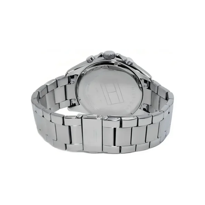Back view of a stainless steel chronograph watch, showcasing its polished bracelet and transparent case back with branding detail.