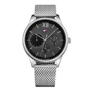 Silver mesh strap watch with a textured black dial, featuring chronograph subdials and a prominent "XII" at the top.
