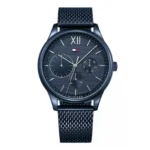 Tommy Hilfiger men's watch featuring a sleek black dial, mesh bracelet, and chronograph functions with stylish detailing.