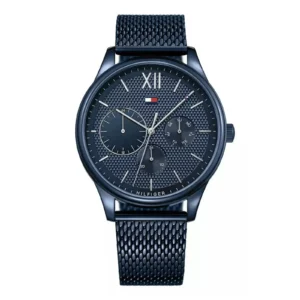 Tommy Hilfiger men's watch featuring a sleek black dial, mesh bracelet, and chronograph functions with stylish detailing.