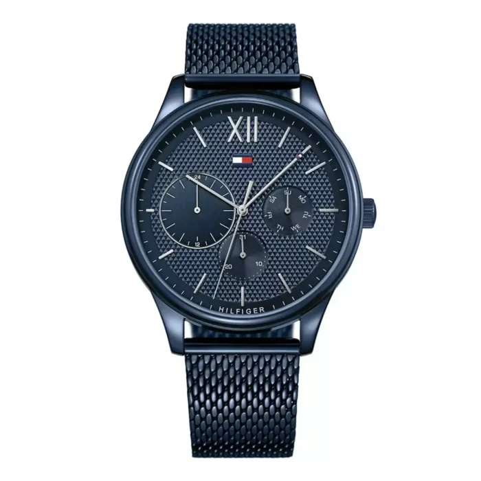 Tommy Hilfiger men's watch featuring a sleek black dial, mesh bracelet, and chronograph functions with stylish detailing.