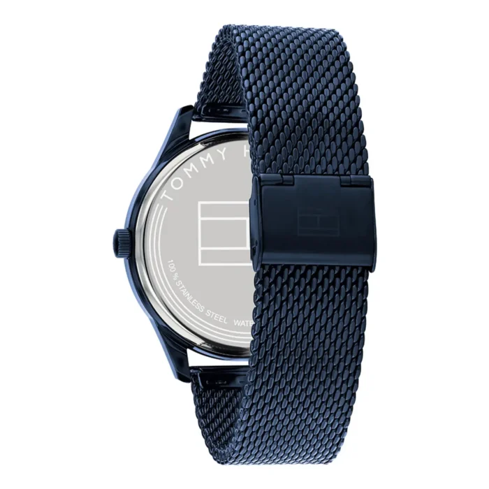 Men's Tommy Hilfiger watch featuring a stainless steel case and a textured black mesh strap.