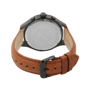Back view of a stylish watch featuring a black case, brown leather strap, and water resistance markings on the case back.