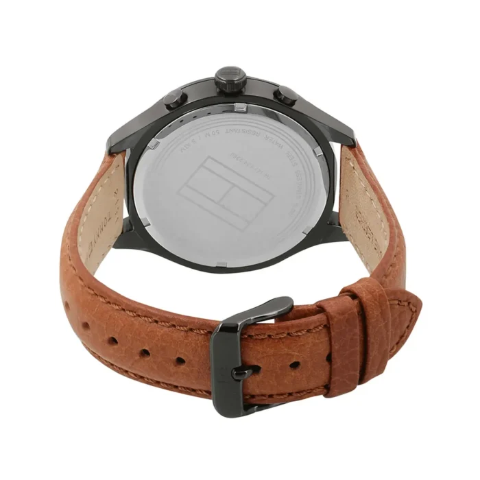 Back view of a stylish watch featuring a black case, brown leather strap, and water resistance markings on the case back.