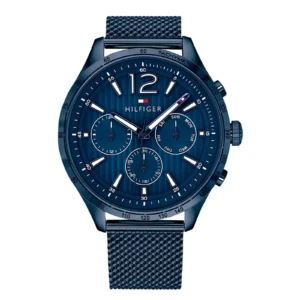 Stylish blue Tommy Hilfiger chronograph watch with mesh band, featuring date and day indicators, and bold hour markers.