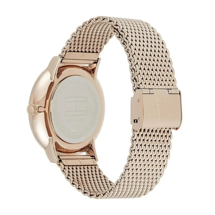 Back view of a stylish Tommy Hilfiger women's watch with a rose gold mesh band and a polished case.