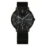 Black, round Tommy Hilfiger watch featuring a sleek design, white hour markers, and a textured black mesh strap.
