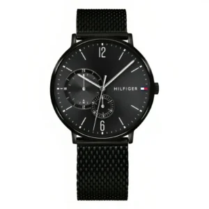 Black, round Tommy Hilfiger watch featuring a sleek design, white hour markers, and a textured black mesh strap.