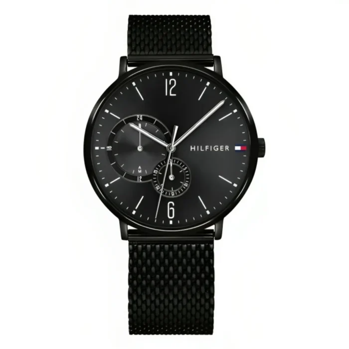 Black, round Tommy Hilfiger watch featuring a sleek design, white hour markers, and a textured black mesh strap.