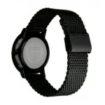 Black Tommy Hilfiger watch featuring a mesh strap and a round case, showcasing the brand logo on the back.
