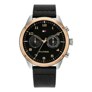 Men's Tommy Hilfiger chronograph watch with a black dial, gold accents, and a black leather strap. Stylish and modern design.