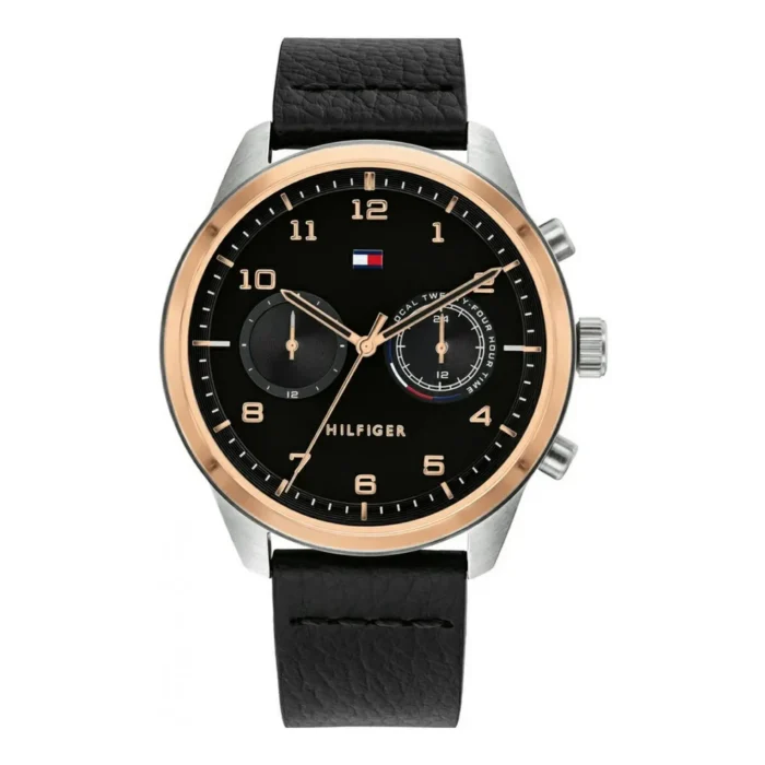 Men's Tommy Hilfiger chronograph watch with a black dial, gold accents, and a black leather strap. Stylish and modern design.