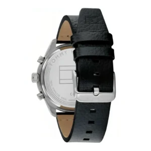 Back view of a Tommy Hilfiger watch featuring a stainless steel case and a black leather strap with a silver buckle.