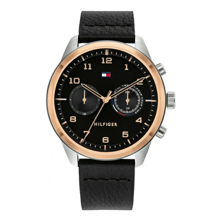 Men's Tommy Hilfiger chronograph watch with a black dial, gold accents, and a black leather strap. Stylish and modern design.