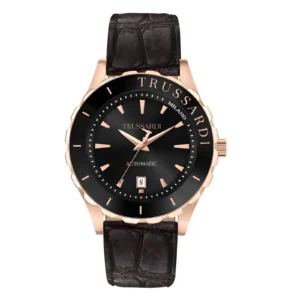Elegant Trussardi automatic watch featuring a black dial, gold-tone hands, and a dark brown crocodile-embossed leather strap.