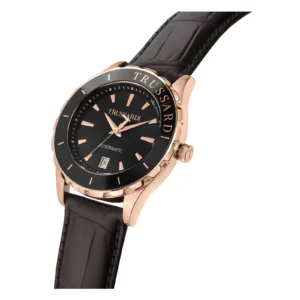 A stylish Trussardi automatic watch with a black dial, rose gold accents, and a brown leather strap, featuring date display at 6 o'clock.