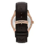 Back view of a luxury Trussardi watch featuring a brown leather strap and a polished rose gold buckle.