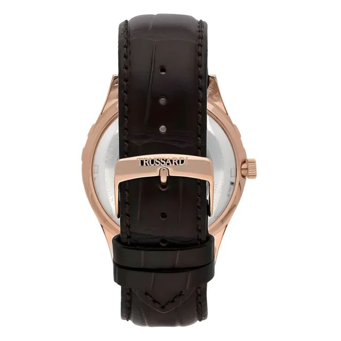 Back view of a luxury Trussardi watch featuring a brown leather strap and a polished rose gold buckle.