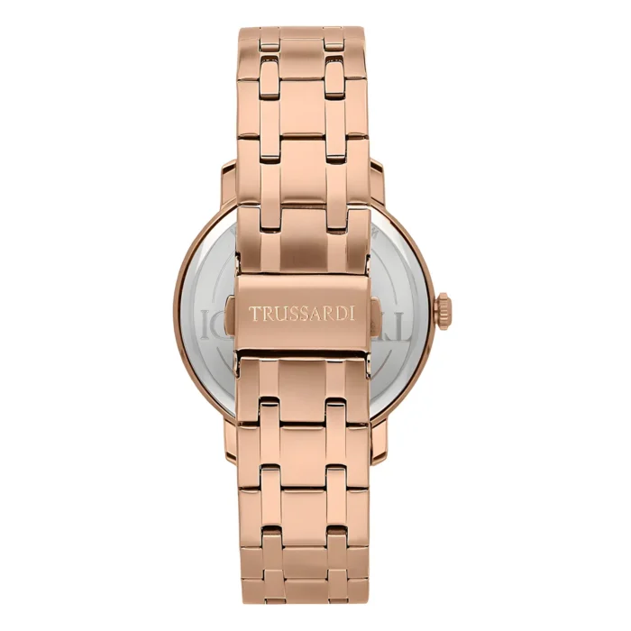 Rosé gold Trussardi watch featuring a sleek metal strap and minimalist design, showcasing refined elegance in timekeeping.