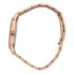 A sleek, rose gold watch with a rectangular face and linked band, showcased from the side for a clear view of its elegant design.