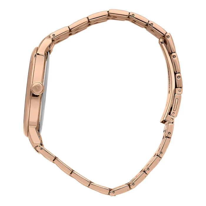 A sleek, rose gold watch with a rectangular face and linked band, showcased from the side for a clear view of its elegant design.