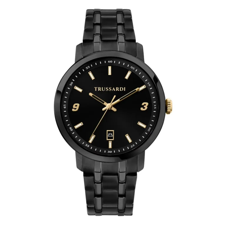 Black Trussardi wristwatch with gold accents, featuring a sleek dial, a date window, and a stylish metal bracelet.