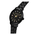 A stylish Trussardi watch featuring a black face, gold hour markers, and a sleek black metal band, emphasizing elegance and sophistication.