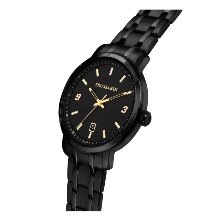A stylish Trussardi watch featuring a black face, gold hour markers, and a sleek black metal band, emphasizing elegance and sophistication.