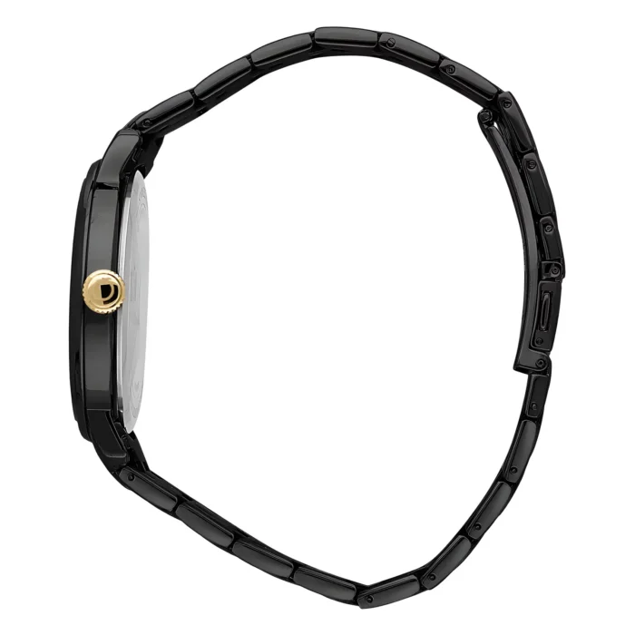 A sleek black wristwatch with a gold crown detail, showcasing its minimalist design and adjustable link band from a side profile.
